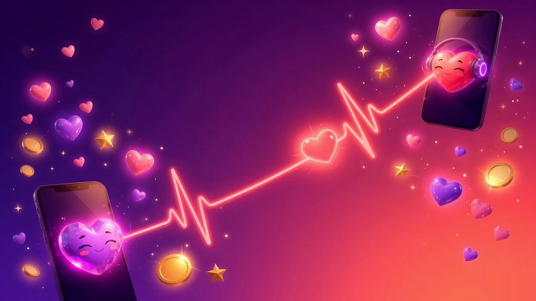 Two friends' phones linked by a glowing pulse, a heart travelling between them.